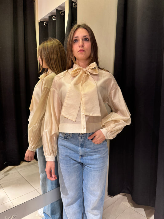 Camicia Crop Con Fiocco Beige
