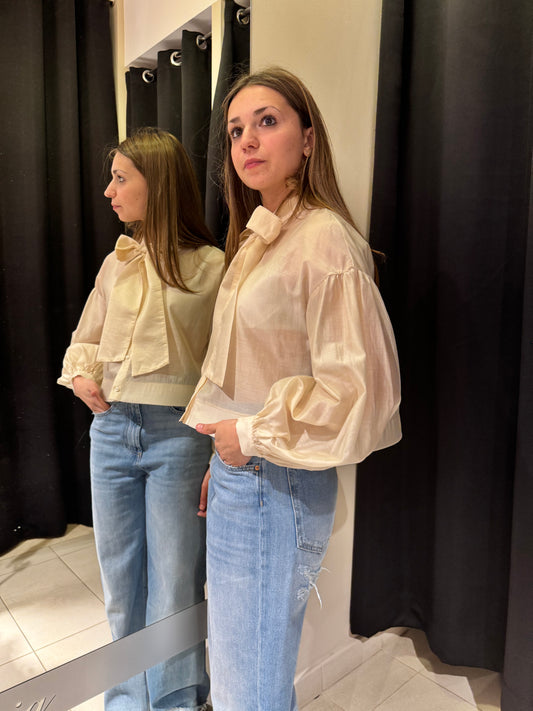 Camicia Crop Con Fiocco Beige