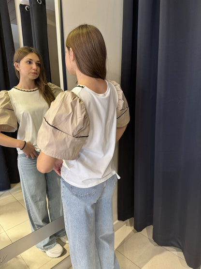 T-Shirt Bianca Manica Palloncino Beige