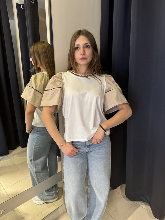 T-Shirt Bianca Manica Palloncino Beige