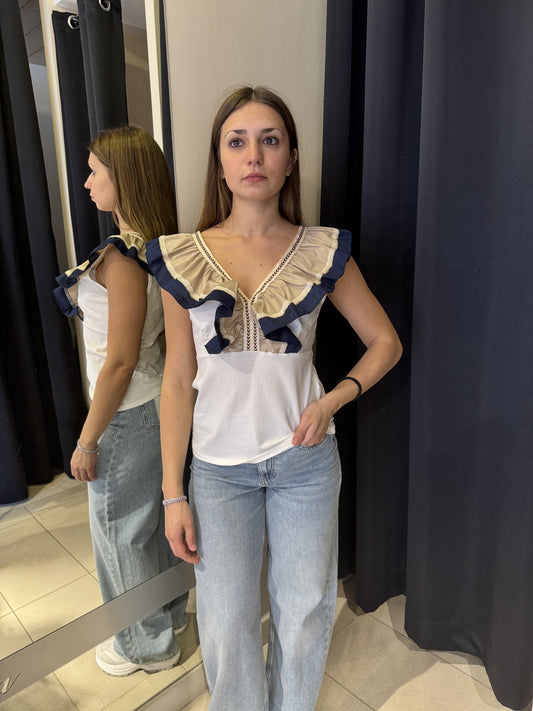 Canotta Bianca Scollo A V Con Rouches