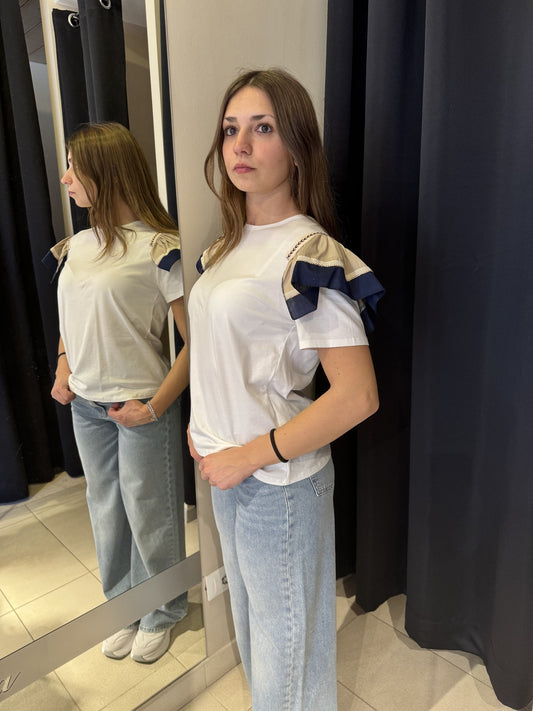 T-Shirt Bianca Manica Volant Beige e Blu