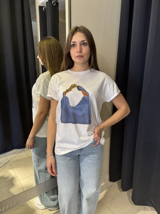 T-Shirt Bianca Con Stampa Borsa Denim