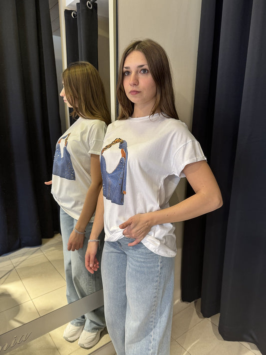 T-Shirt Bianca Con Stampa Borsa Denim