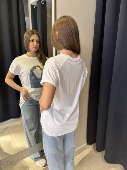 T-Shirt Bianca Con Stampa Borsa Denim