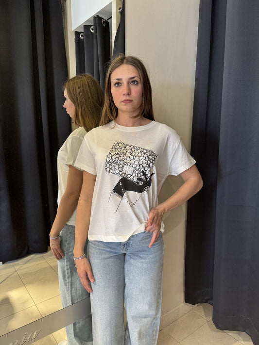 T-Shirt Bianca Con Stampa Borsa E Cabochon