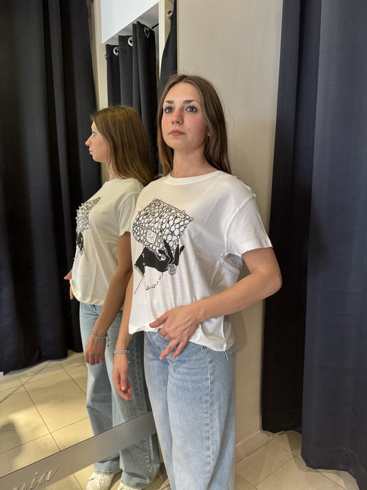 T-Shirt Bianca Con Stampa Borsa E Cabochon