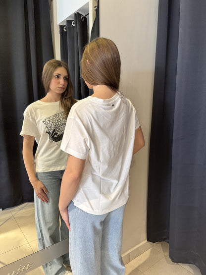 T-Shirt Bianca Con Stampa Borsa E Cabochon