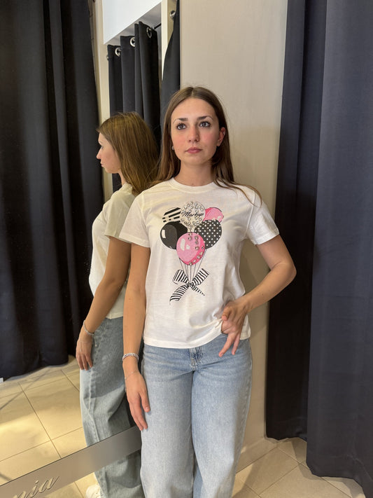 T-Shirt Bianca Con Stampa Palloncini E Cabochon