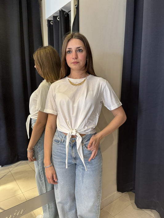 T-Shirt Crop Bianca Con Catena Oro