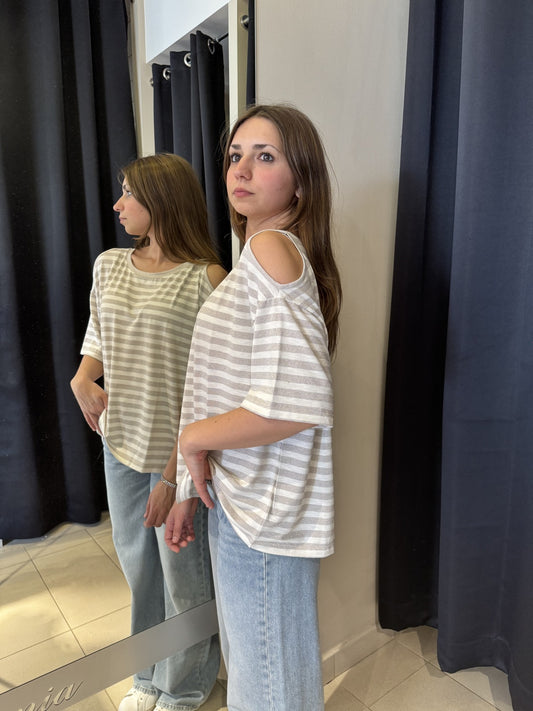 T-Shirt Cut Out A Righe Laminata