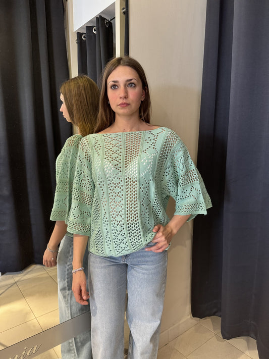 T-Shirt Manica A Tre Quarti Traforata Menta