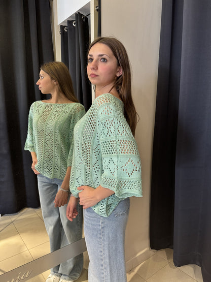 T-Shirt Manica A Tre Quarti Traforata Menta