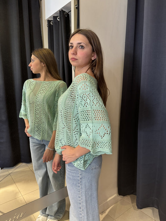 T-Shirt Manica A Tre Quarti Traforata Menta