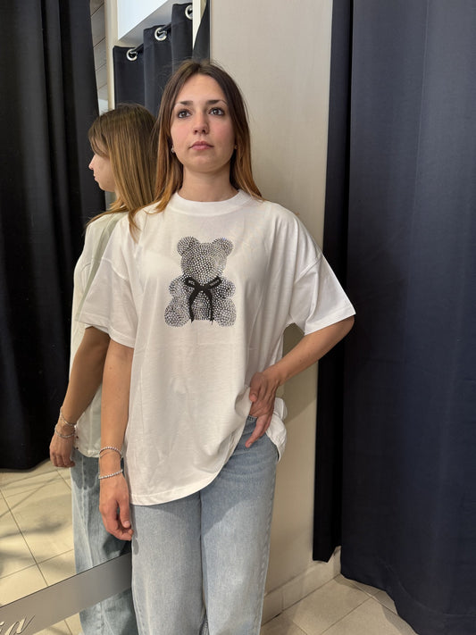 T-Shirt Bianca Stampa Orsetto Con Strass