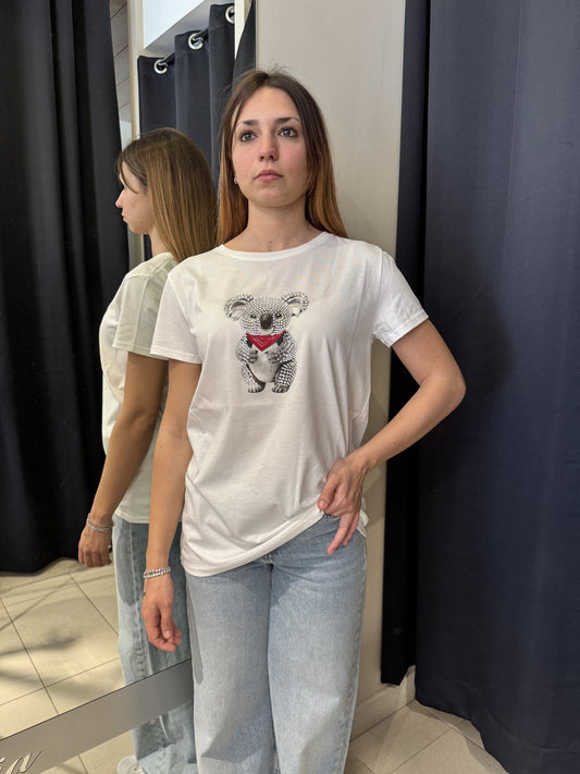 T-Shirt Bianca Stampa Koala Con Strass