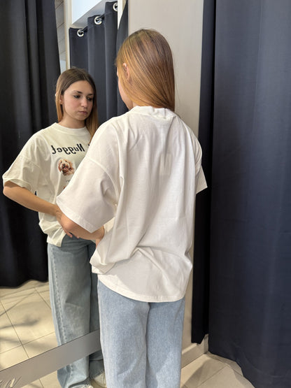 T-Shirt Bianca Oversize Stampa Cani
