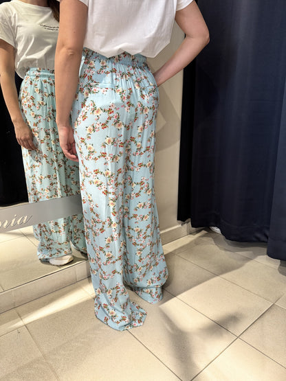 Pantalone Fantasia Vicolo a Fiori Elastico Celeste