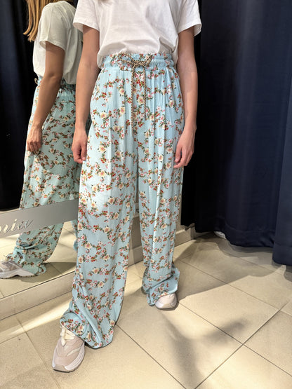 Pantalone Fantasia Vicolo a Fiori Elastico Celeste