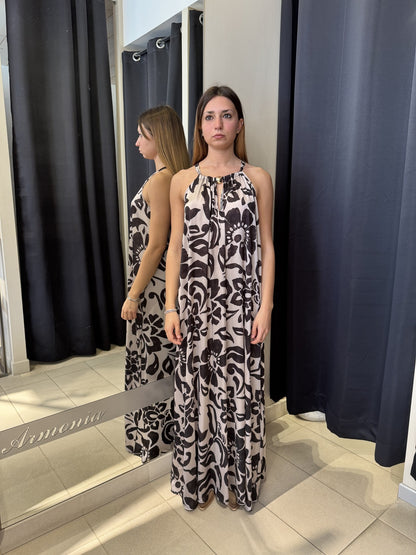 Abito Lungo Scollo Americano Fantasia Nero E Beige