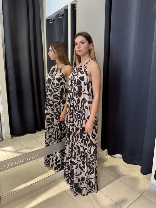 Abito Lungo Scollo Americano Fantasia Nero E Beige