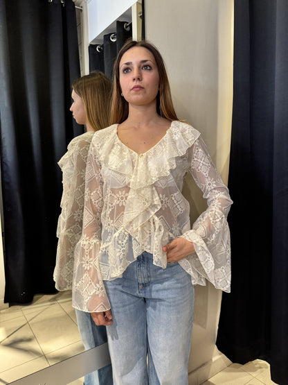 Camicia In Pizzo Con Rouches Panna