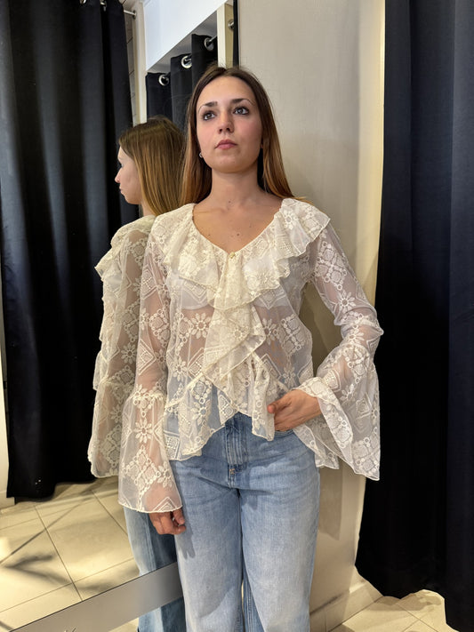 Camicia In Pizzo Con Rouches Panna