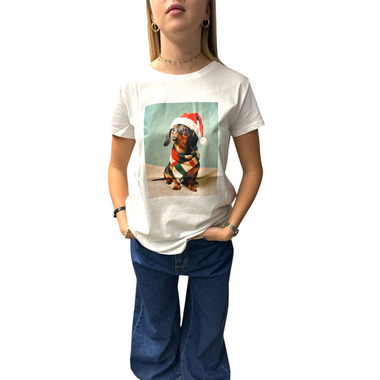 T Shirt Stampa Bassotto Verde E Bianca