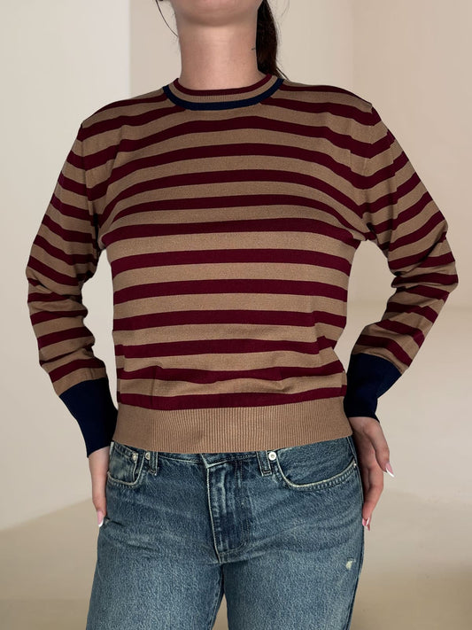 Maglia  Girocollo A Righe Tensione In Cammello/bordeaux