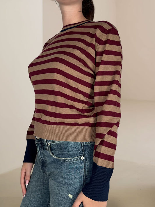 Maglia  Girocollo A Righe Tensione In Cammello/bordeaux