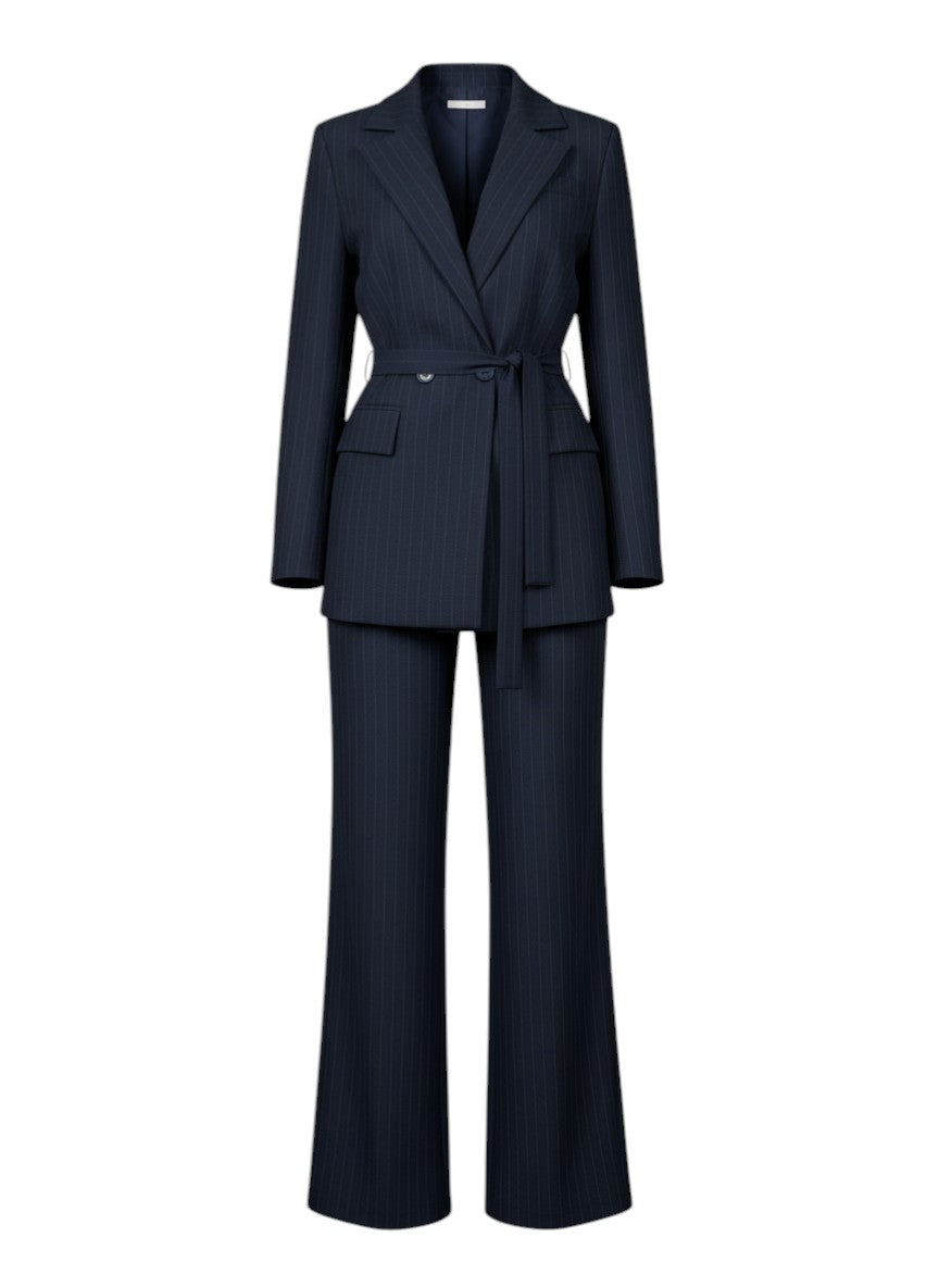 Abbigliamento Armonia navy blue pinstripe suit with double-button blazer and wide-leg trousers.