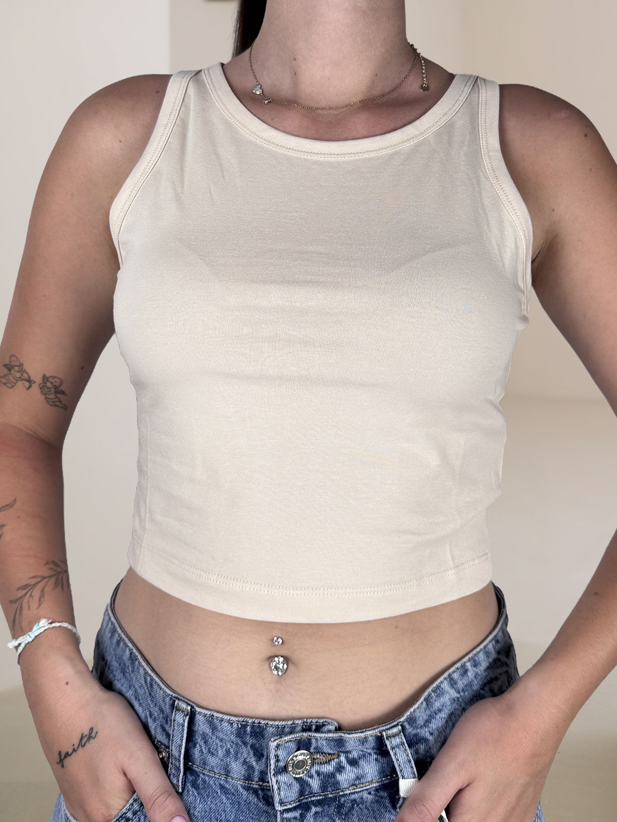 Top Canotta Crop Susy Mix Scollo Rotondo Beige