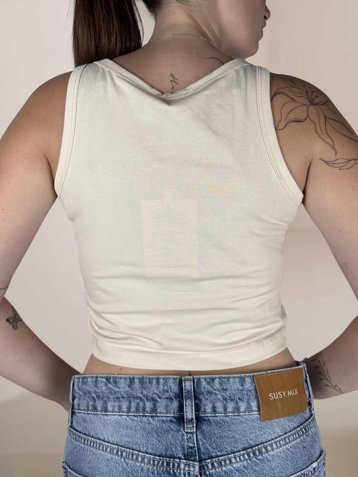 Top Canotta Crop Susy Mix Scollo Rotondo Beige