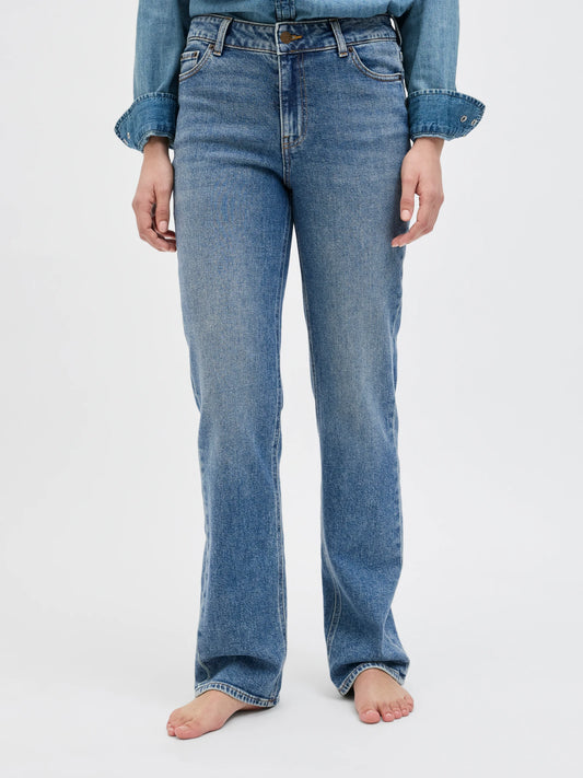 Jeans Slim Straight Mid Waist Denim Medio