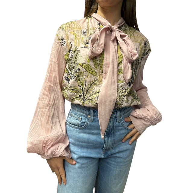 Camicia Ricamata Con Fiocco Rosa