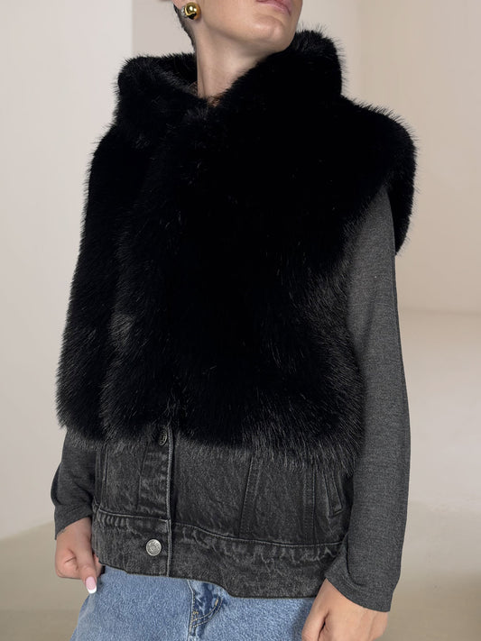 Gilet Eco Pelliccia Dettaglio Jeans Vicolo Nero